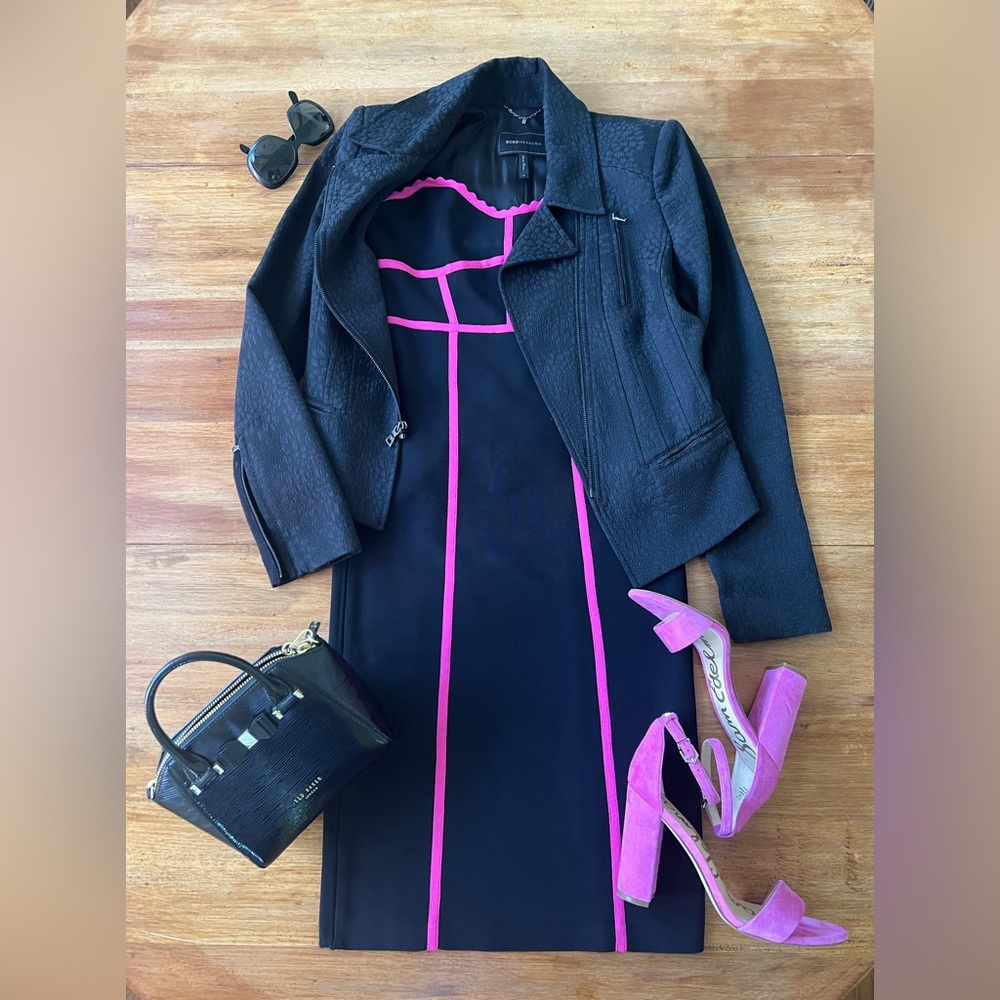 BCBG MaxAzria strappy retro bodycon dress in black with fuchsia accents.